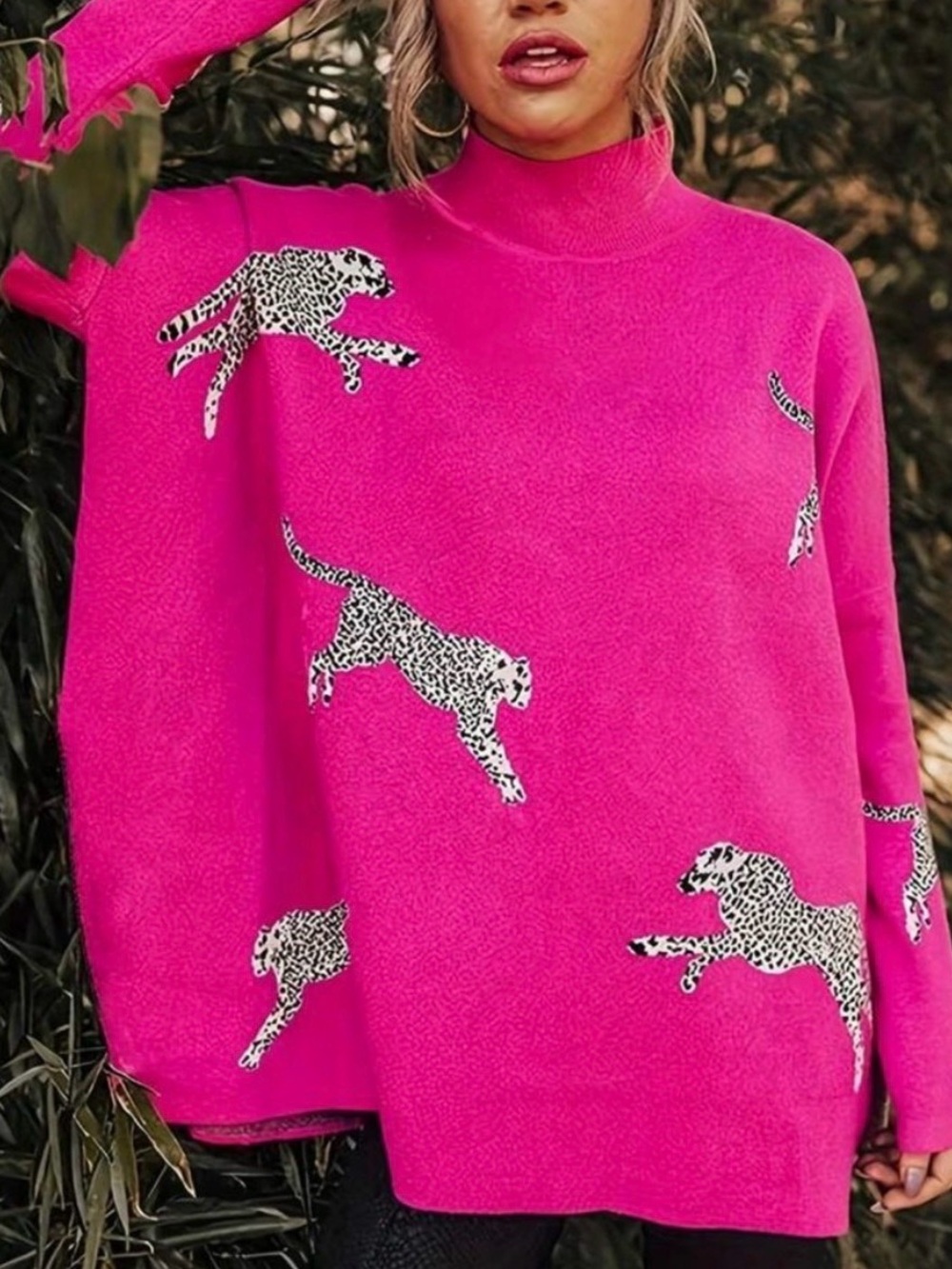 Fuchsia Leopard-Print Turtleneck Sweater